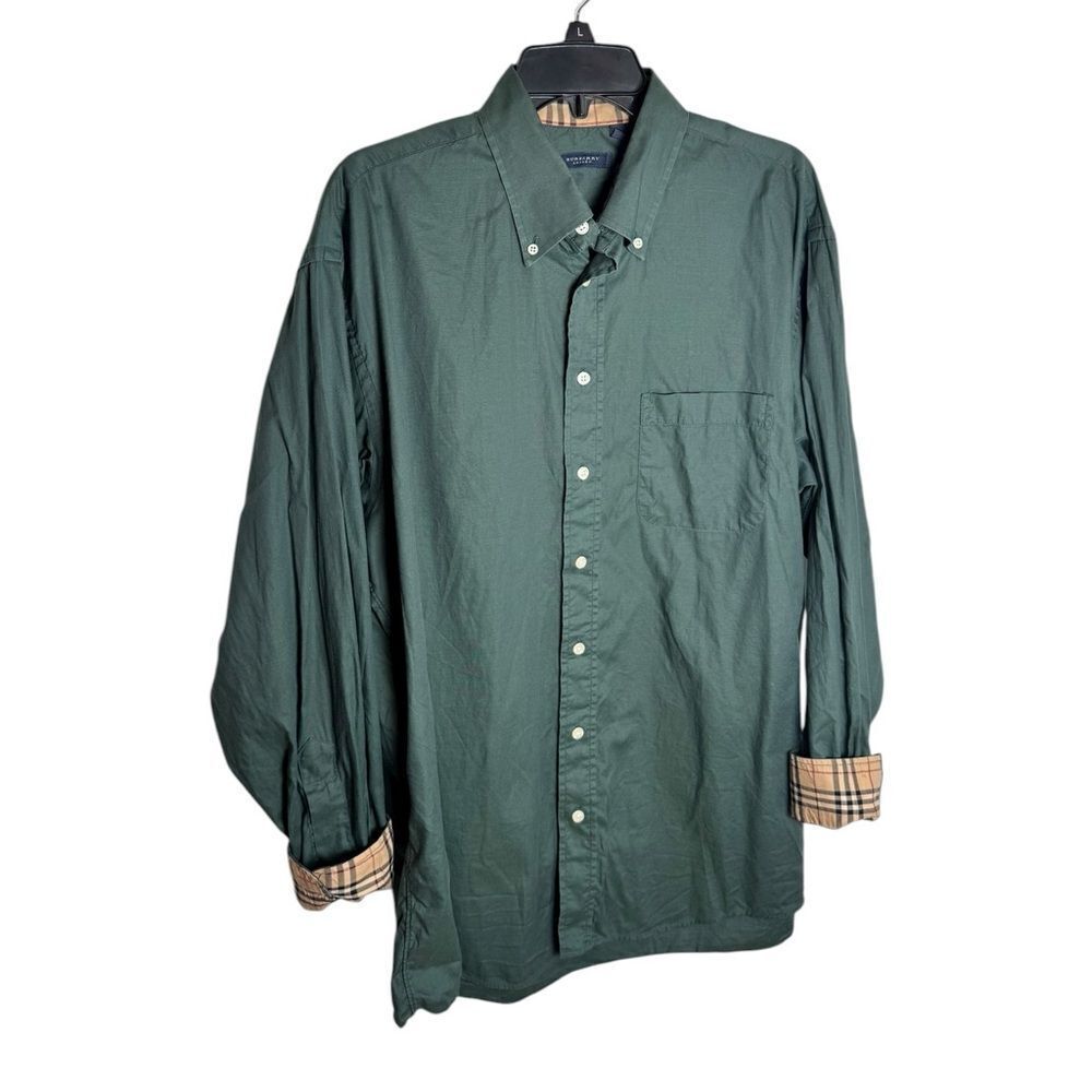 Burberry London green oxford shirt Nova Check Cuffs Collar Large men’s